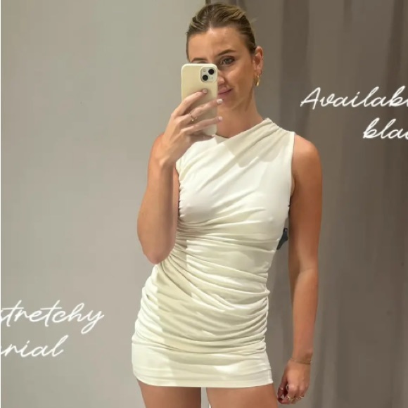 Zara NWT gathered ruched stretchy mini dress - off white ivory color - Picture 2 of 15